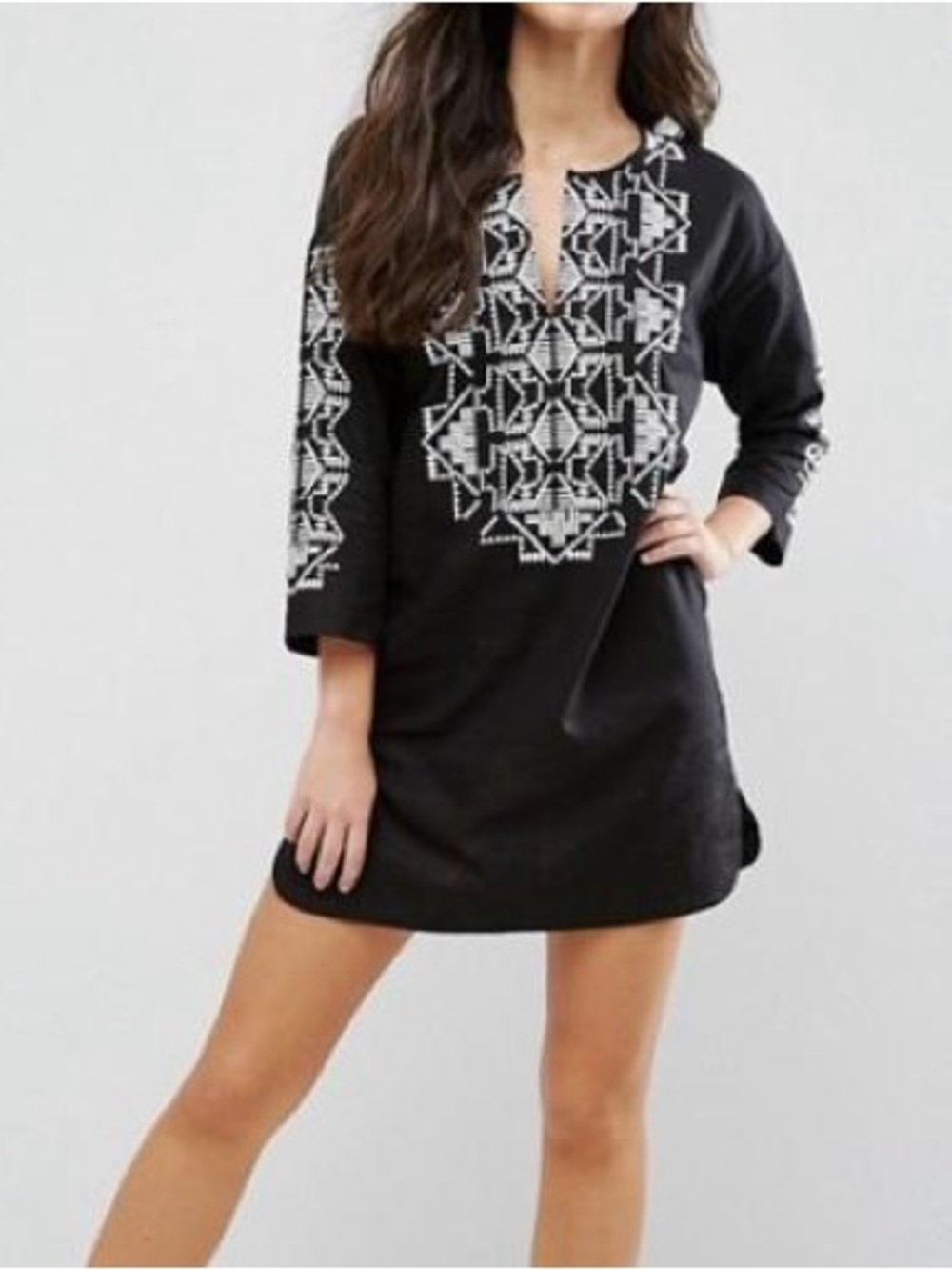 Seafolly Black Tunic Swimsuit Coverup with White Geometric Embroidery
